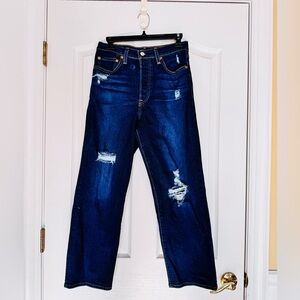 Levi's Ribcage Straight Dark Blue Distressed Ankle Jeans Size 27